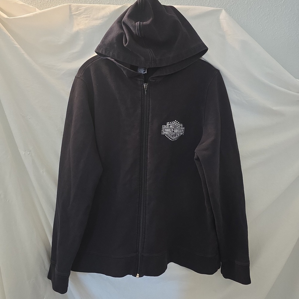 Vtg Harley Davidson Motorcycles Full-zip Hoodie Sweatshirt Black Women's Studded